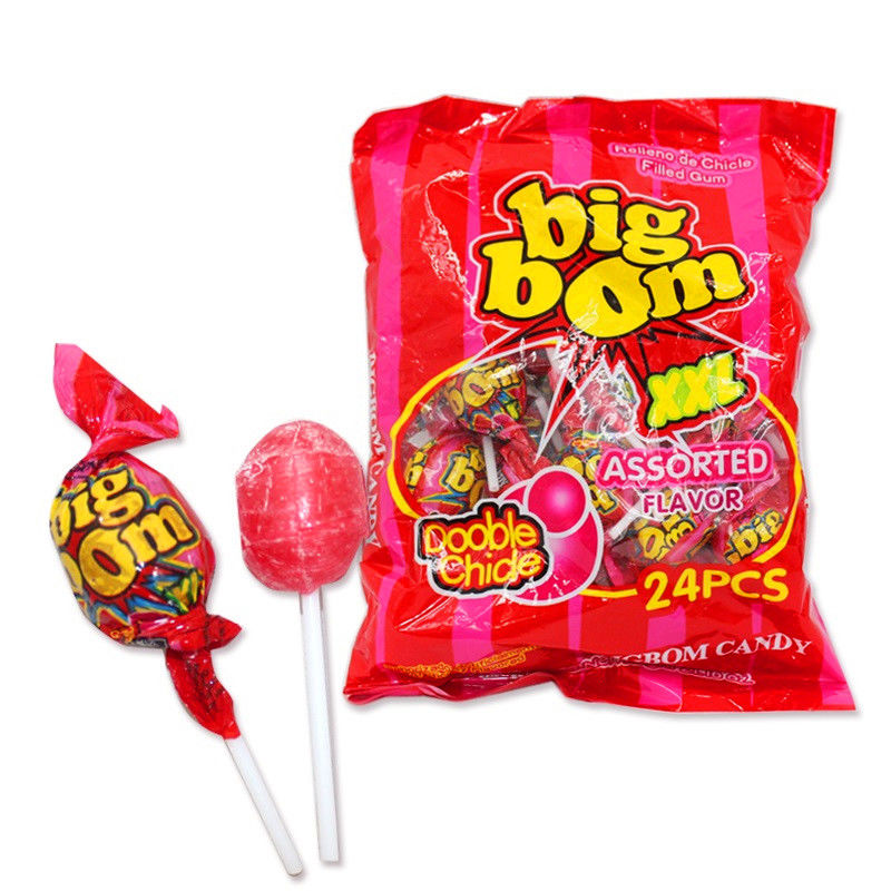 Bubble Gum Center Filled Fruit Lollipops Assorted Flavors Big Ball Shape